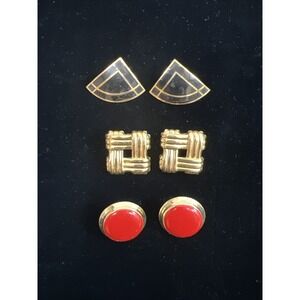 3 Pair 80's 90's Earring Lot Gold Tone Black Red Square Triangle Circle No Backs